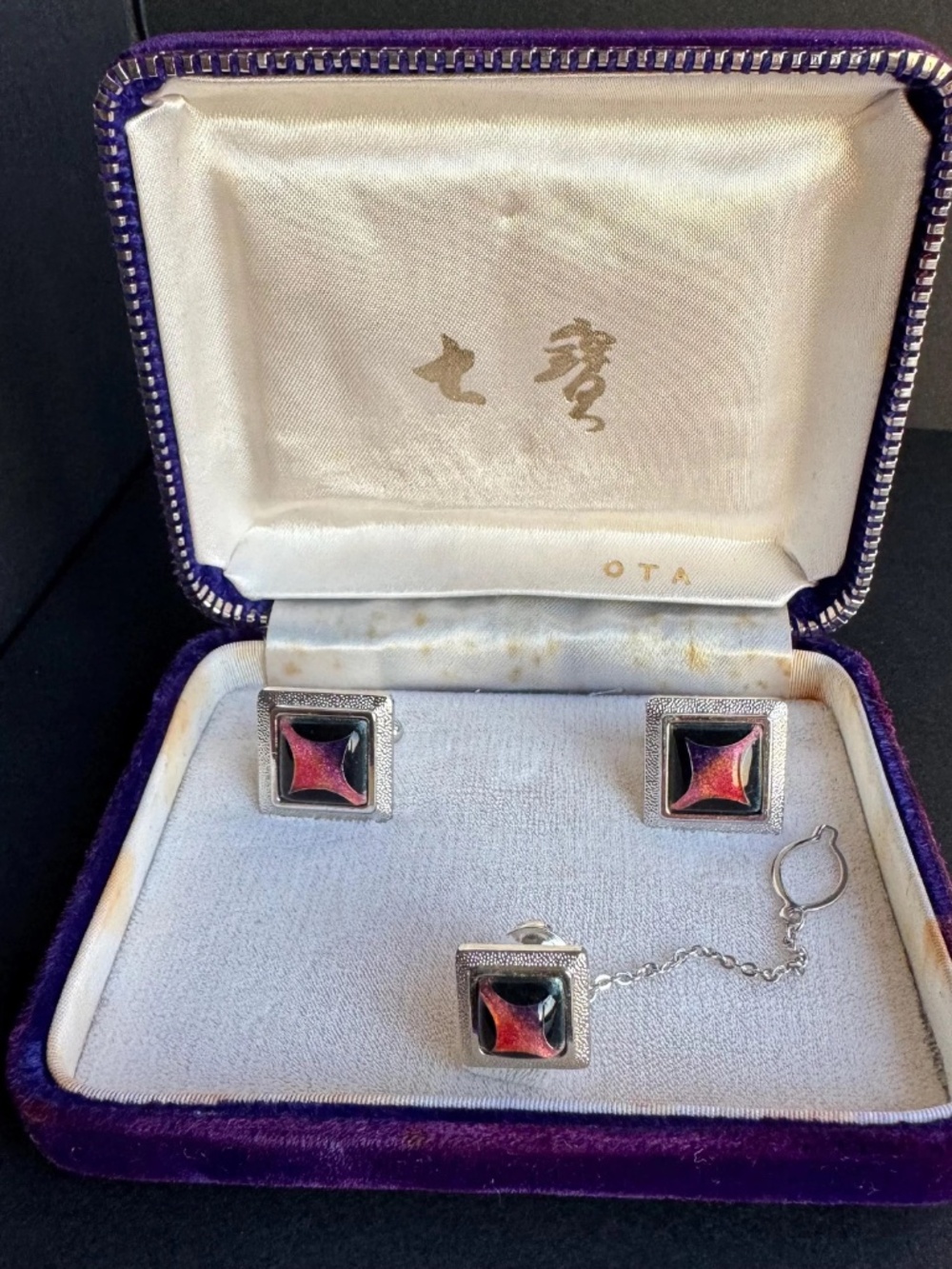 Cloisonne Enamel Cufflinks Tie Tack Set Japanese Shippo Boxed Formal Wedding - Picture 12 of 15